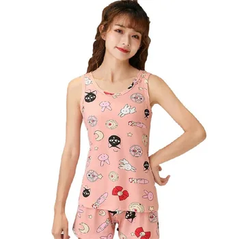 

Summer 2pcs Set Short Pants Sleeveless Tops Casual Pajamas Sets Cotton Nightwear Women Cartoon Pyjamas Women Vest Seepwear Girl