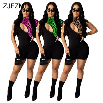 

Leopard Patchwork Sexy Bodycon Jumpsuit For Women High Necked Short Sleeve Party Bodysuit Casual Front Hollow Out Short Playsuit