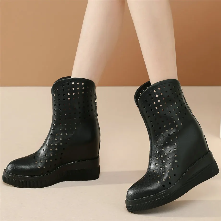 

Кроссовки женские из натуральной кожи, ботильоны на танкетке с вырезами, круглый носок, повседневная обувь на платформе, оксфорды