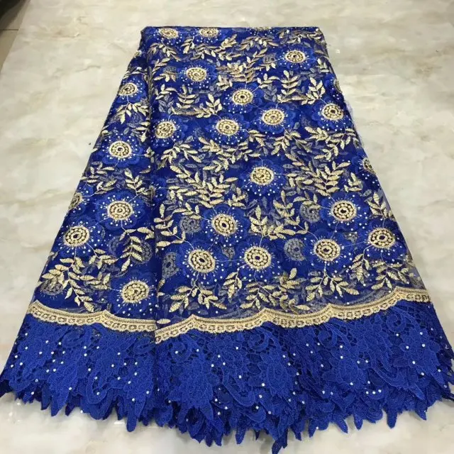 Синий Африканский настоящий Тюль Кружева с камнями ткань Цветочная вышивка Африканский нигерийский высокое качество шитье кружева платье ткань