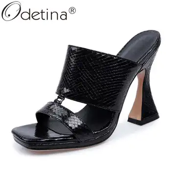 

Odetina Women Fashion Strange Style Extreme High Heel Mules Pumps Female Slip On Square Toe Snakeskin Slingbacks Casual Pumps
