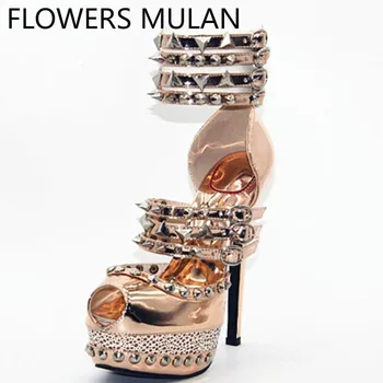 

Champagne Color Leather Womens Sandals Peep Toe Seven Metallic Buckle Ladies Sandalias Mujer Platform High Heels Banquet Shoes