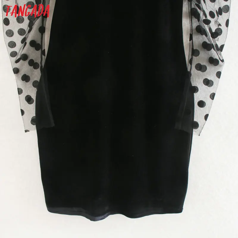 Tangada Fashion Women velvet party Dress backless dots mesh puff Long Sleeve Vintage Brand Vestidos 2XN163