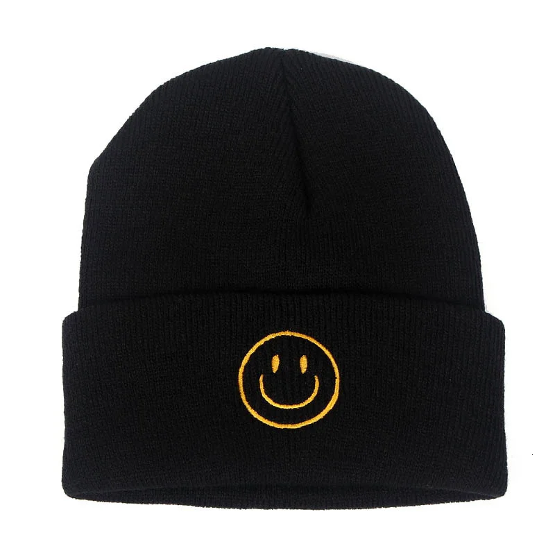 Cute Smile Crochet Knit Cap Beanie 2019 Autumn New Solid Warm Skullies Beanies Caps Female Knitted Hat Ladies Girls Winter Hats rolled up skully hat Skullies & Beanies