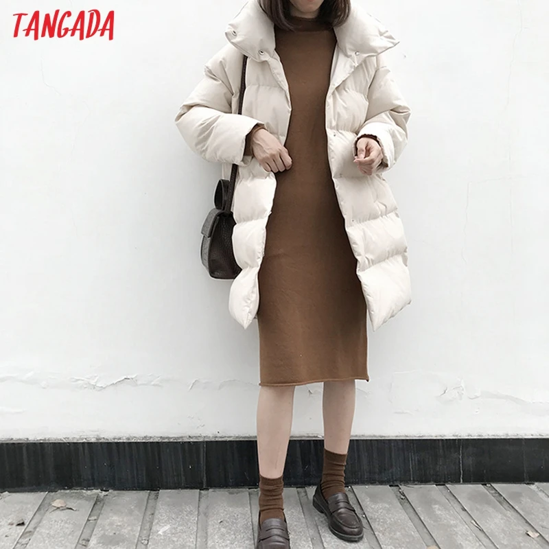 Tangada Women Solid Oversize Long Parkas Thick 2019 Long Sleeve Buttons Pockets Female Warm Winter Coat Korean Fashion ATC02