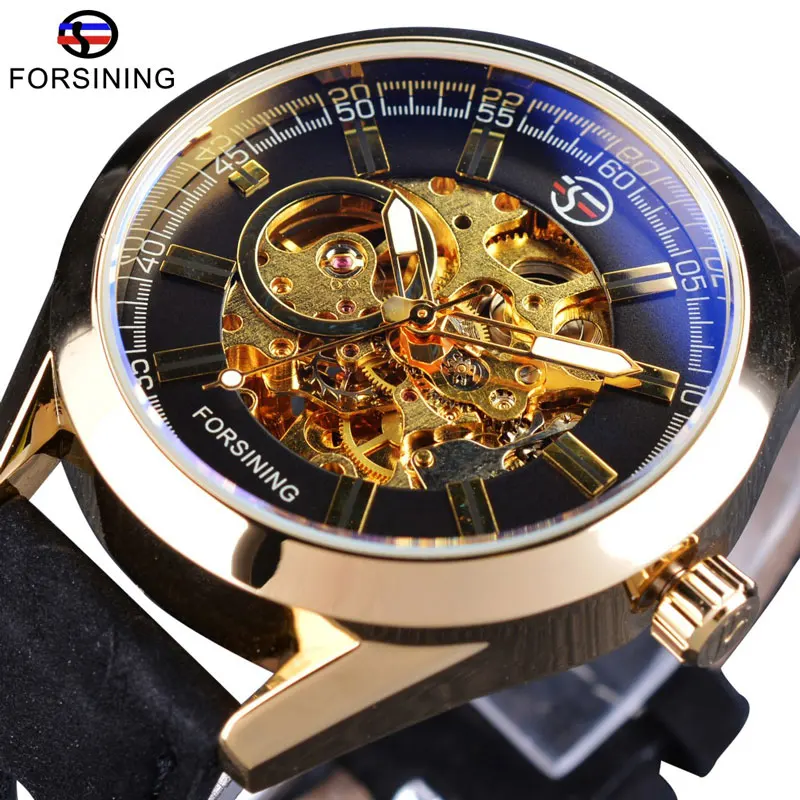 Black Golden Forsining, модные часы, автоматические, механические, Ретро стиль, кожаный ремешок, спортивные, мужские, светящиеся, водонепроницаемые, скелетные, Horloges Mannen - Цвет: Black Golden