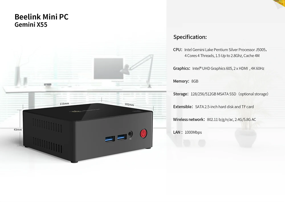 Beelink Gemini X55 Мини ПК J5005 Windows 10 Мини ПК 8 Гб LPDDR4 256/512 ГБ 2,4 ГГц+ 5 ГГц wifi 2* HDMI BT4.0 Поддержка Windows и Linux