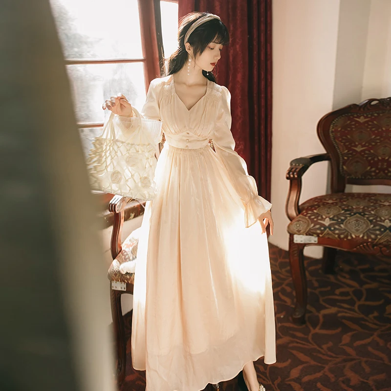 Zijde Lange Vrouwen Jurk Midi 2020 Lente Zomer Volledige Mouw V-hals Avond Party Night Mid Kuit Rijk Slanke Elegante jurken Rayon