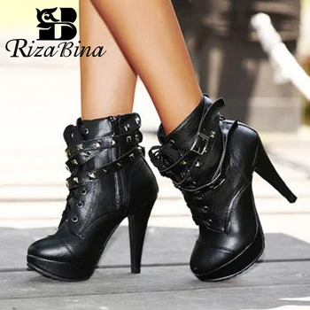 

RIZABINA Punk High Heels Boots Women Ankle Boots Fashion Zipper Lace Up Women Shoes Autumn Winter Ladies Party Shoes 35-42