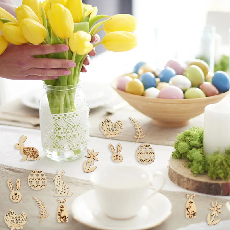 50/100pcs Happy Easter Rabbit Eggs Wooden Craft Easter Decorations Home Party DIY Wood Chips Hanging Ornaments Natural Handcraft