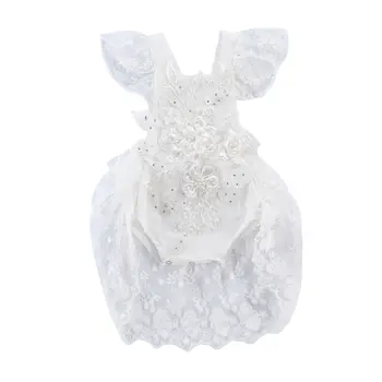 

Baby Girl's Lace 3D Flower Embroidery Pearl Sweet Princess Romper White Square Collar Falbala Flying Sleeve Jumpsuit Clothes