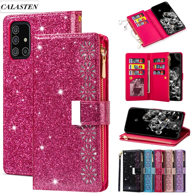 Bling Case For Samsung Galaxy A42 A52 A72 5G A51 A71 A81 A91 A21 A41 A20 A10 A70 A50 A40 J6 A6 A7 2018 Zipper Leather Flip Cover