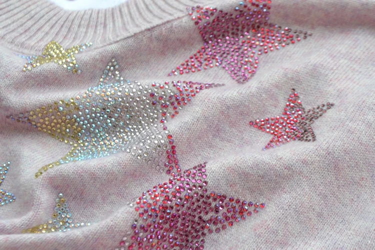 Габи со стразами Звездный душ узор CACHEMIRE свитер с круглым вырезом с опущенными плечами модное Джерси джемпер с контрастными манжетами
