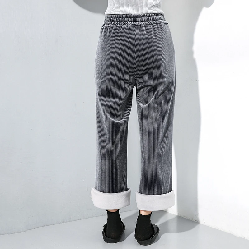 [EAM] High Elastic Waist Black Long Velvet Wide Leg Trousers New Loose Fit Pants Women Fashion Tide Spring Autumn 19A-a25