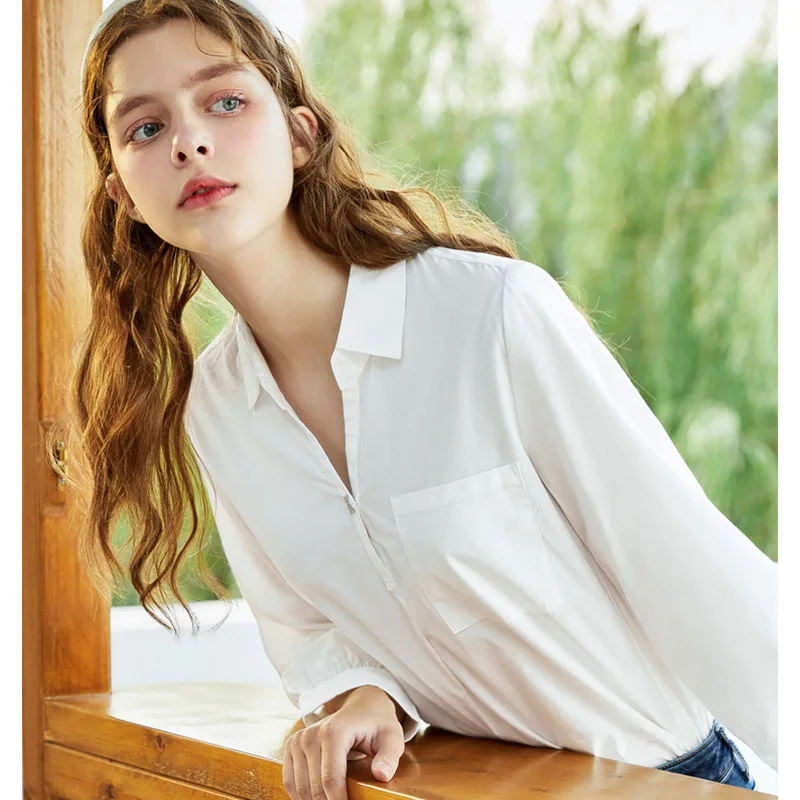 Рубашка SEMIR Женская с длинным рукавом свободная хлопковая простая блузка V