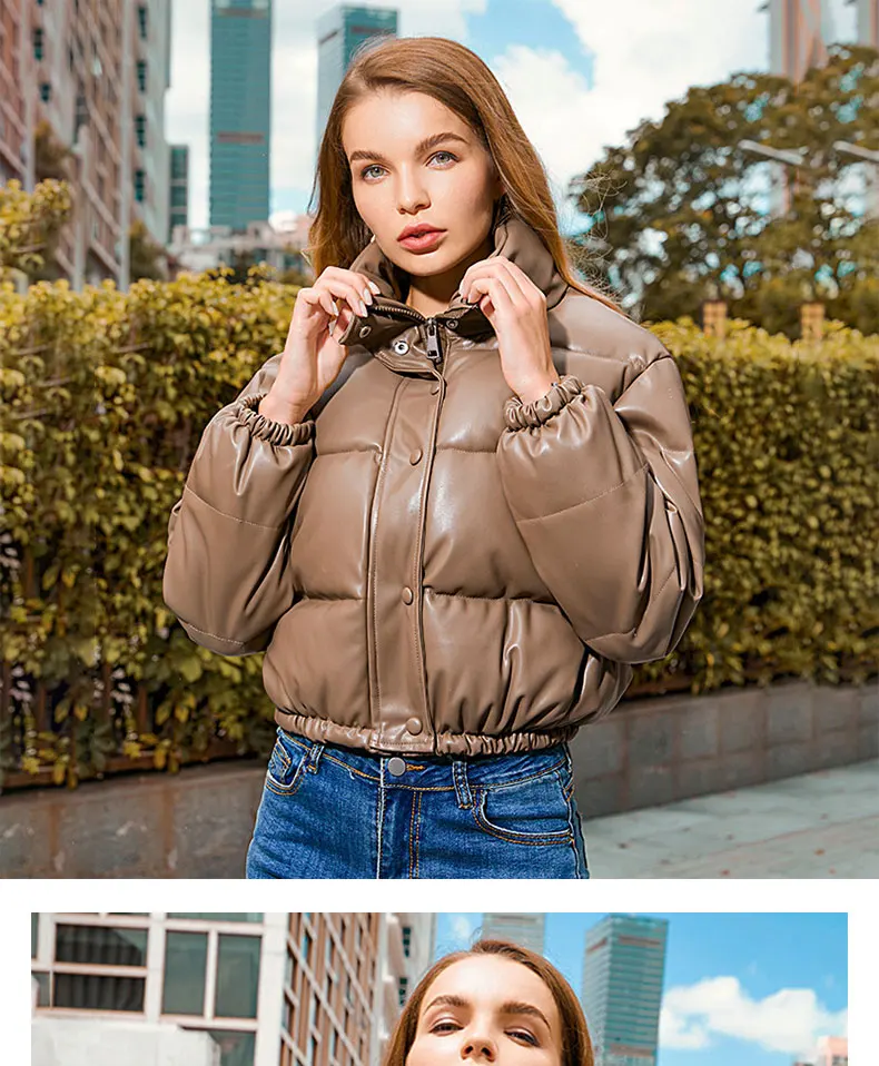 womens parka 2021 Winter Collection Women Clothing  PU Leather Zipper Stand Collar Crop Puffer Coat puffer coat with hood