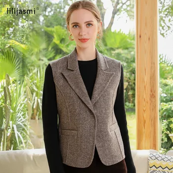

2019 New Women 100% Pure Wool Vest Tailored Collar Herringbone Handmade Woolen Single Button Warm Waistcoat Autumn Winter Match
