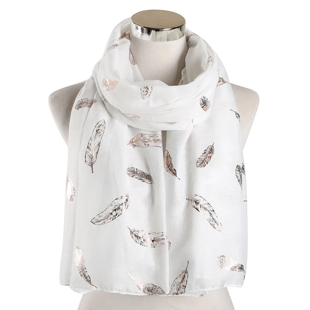 

2019 Fashion White Navy Feather Print Scarf Women Glitter Bronzing Foil Gold Long Shawl Scarves for Ladies