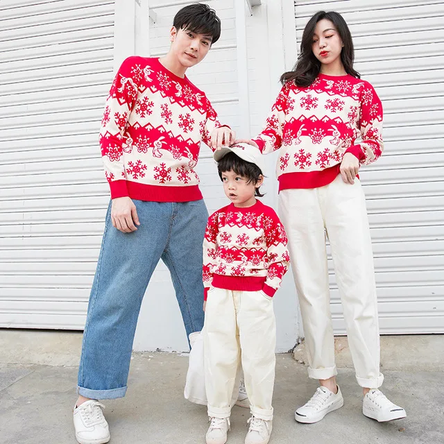 Matching Family Outfits Fashion Snowflake Christmas Sweater Mommy and Daughter Clothes Father Son Sweaters Look | Мать и ребенок