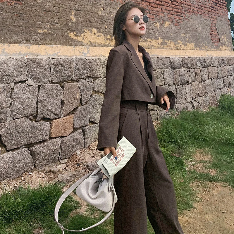 FORYUNSHES 2 Pieces Set Women Blazers Suits 2020 Autumn Korean Style Solid Chic Short Blazer + Suit Pant Female Casual Suits