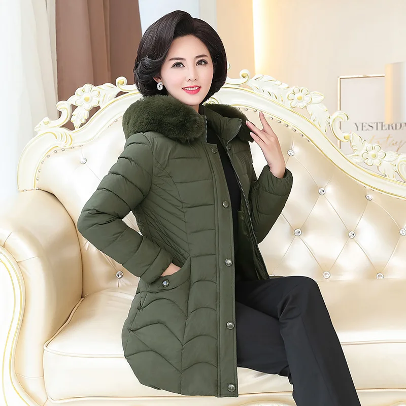 

Middle-aged Women's Winter down Jacket Cotton-padded Clothes Large Size Mid-length Cotton-padded Clothes Women's Fur Collar Warm
