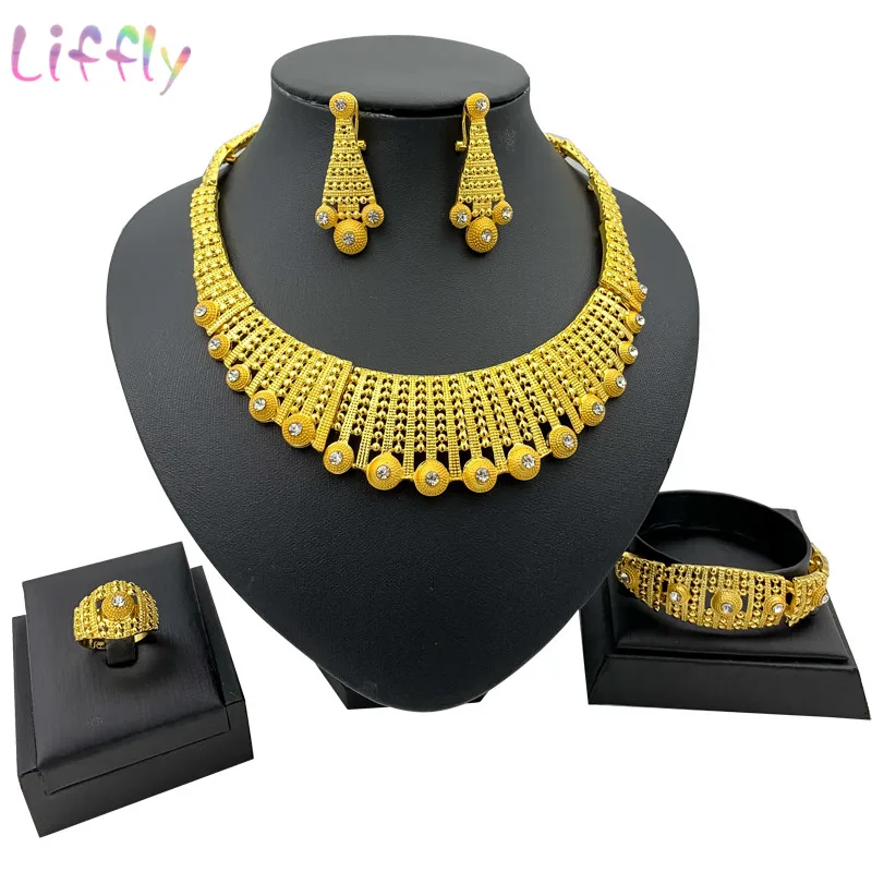 

Liffly Exquisite and exquisite African jewelry set large round neck crystal necklace 4 piece set fashion wedding jewelry Dubai