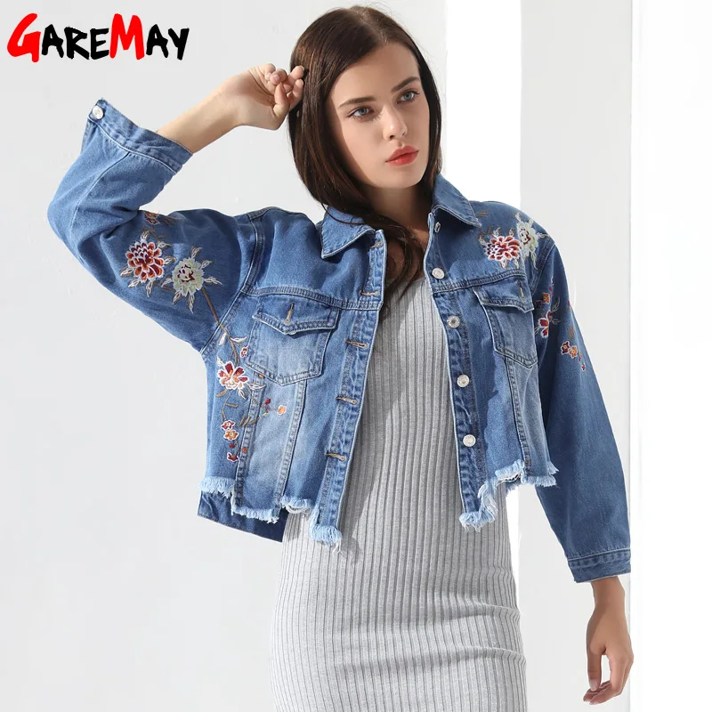 Женская джинсовая куртка GAREMAY с вышивкой короткие женские куртки отложным