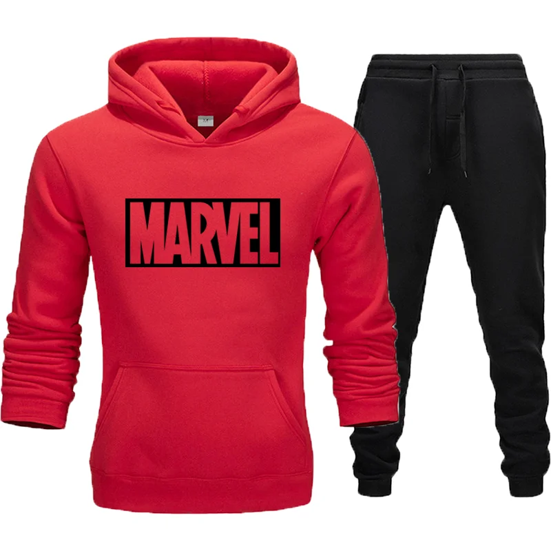 Простой модный мужской костюм с принтом Marvel, спортивный костюм, мужской спортивный костюм, флисовая плотная толстовка с капюшоном+ штаны, спортивный костюм, Азиатский размер