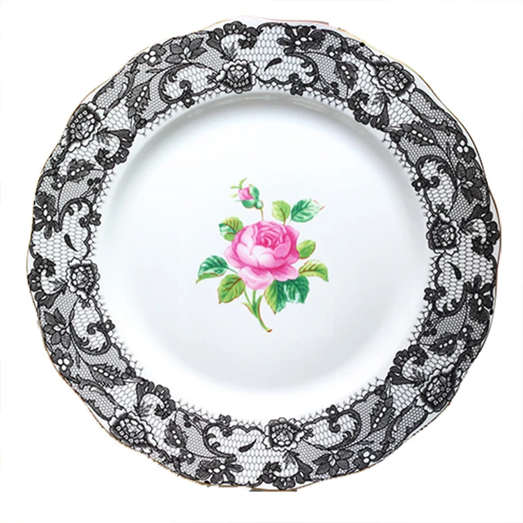 Black lace and gilt bone china dessert plate