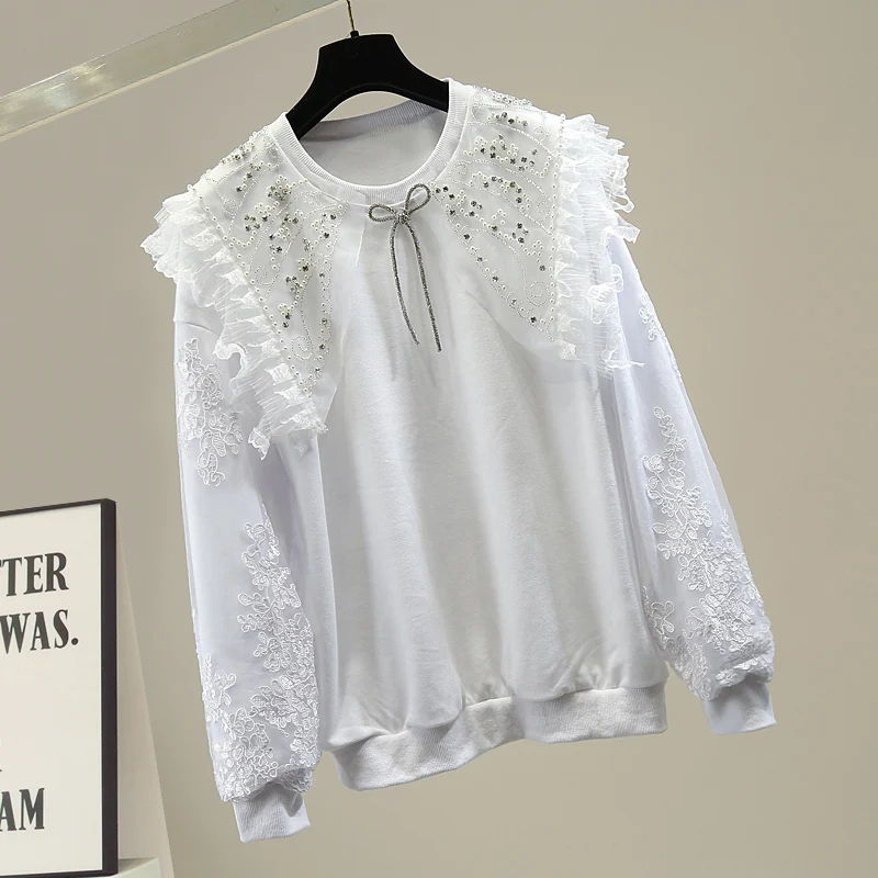 Female Sweatshirt Handmade Beaded Mesh Stitching