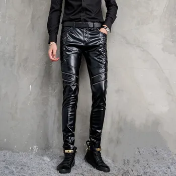 

Men's Pu Pants 2019 New Plus Fleece Moto & Biker Slim Pencil Pants Casual Ribbon Zipper Mens Pants Black 28-36 High Quality