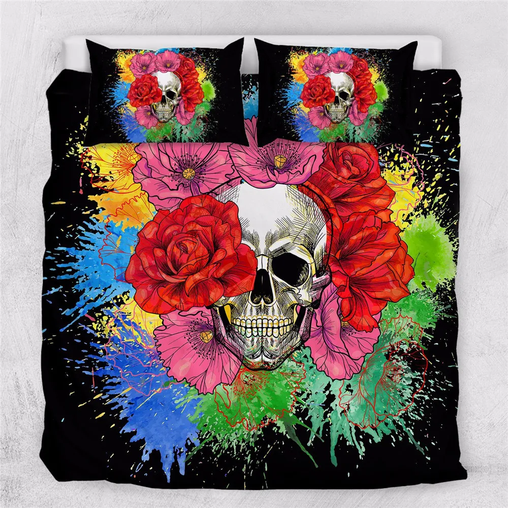 Floral Skull Duvet Cover Set 3pcs Splash Bedclothes Flowers Pirates Comforter Bedding Sets Queen White Home Textiles Floral Skull Duvet Cover Set 3pcs Splash Bedclothes Flowers Pirates Comforter Bedding Sets Queen White Home Textiles