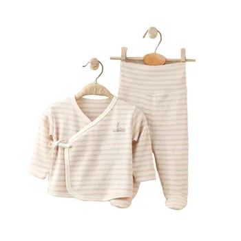 

COBROO 100% Cotton Newborn Baby Pajamas Set with Striped Pattern Long Sleeve Baby Kimono Pants Set 0-3 Months