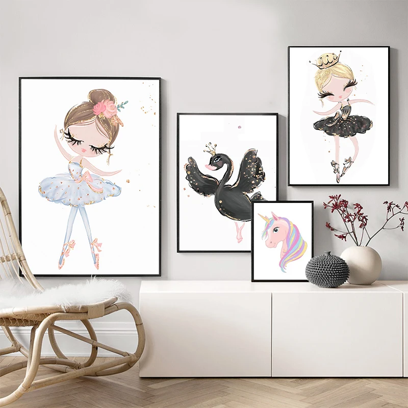 

Nordic Little Swan Ballet Dancer Girl Cartoon Print On Canvas Painting Horse Poster Wall Art Pictures For Kids Bedroom Decor