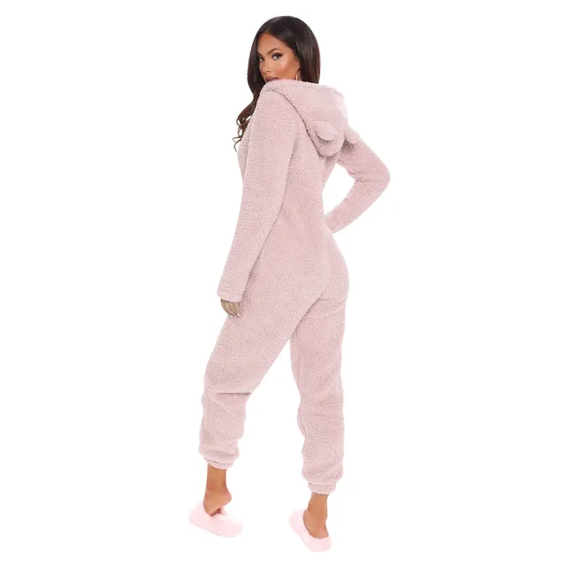 Winter Warm Pyjamas Jumpsuit Women Fluffy Fleece Jumpsuits Sleepwear Warm Overall Plus Size Hood Sets Pajamas For Women Adult Pink
