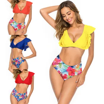 

Ruffle Bikini High Waist 2 Piece Swimsuit Women 2020 Bikinis Set Two Pieces Swimming Suit for Female Floral Print New Swimwear