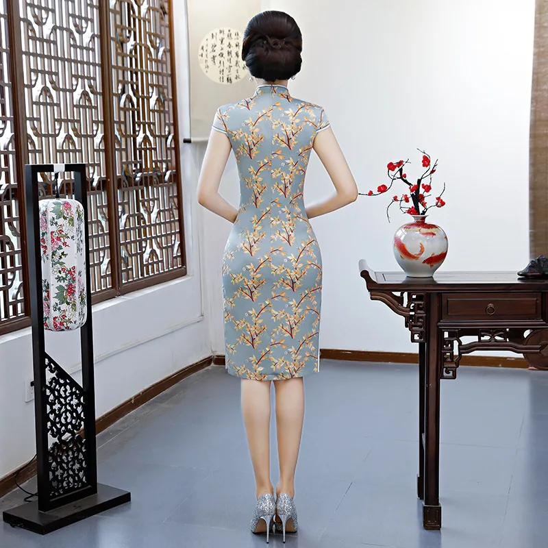 Элегантный женский тонкий Qipao винтажный с цветочным принтом атласный сексуальный традиционный ченсам женское китайское платье Размер M-3XL