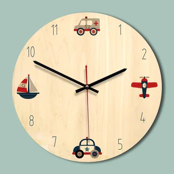 

Children Room Wooden Wall Clock Circular Mute Klock Modern Design 11 Inch Colorful Printing Wall Watch Special Gift