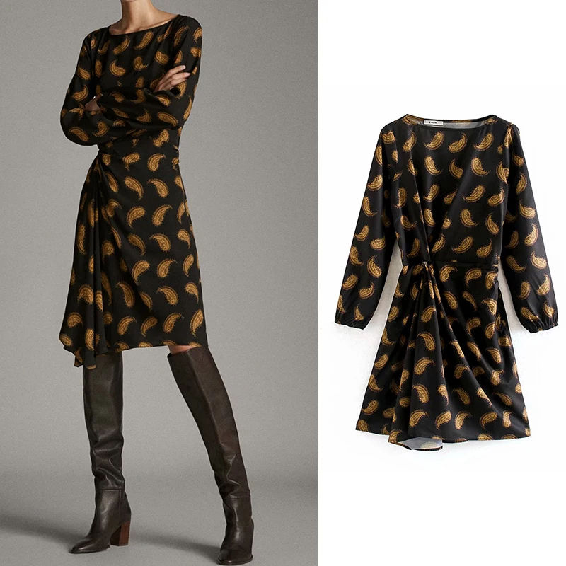 

Women dress za 2019 floral print draped dress long sleeve knee-length silk dresses female casual vestidos