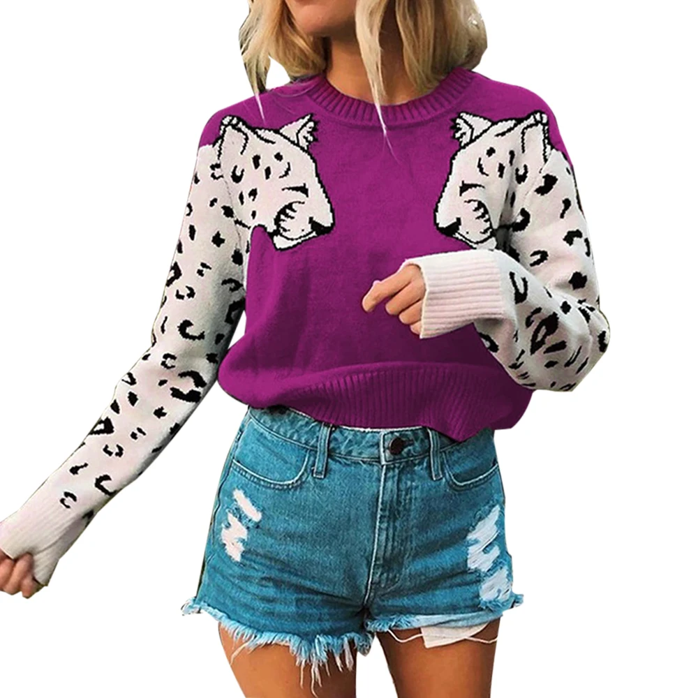 MoneRffi свитер женский лоскутный свитер с леопардовым принтом свободные свитера с длинным рукавом пуловер модные свитера женская верхняя одежда - Цвет: Purple