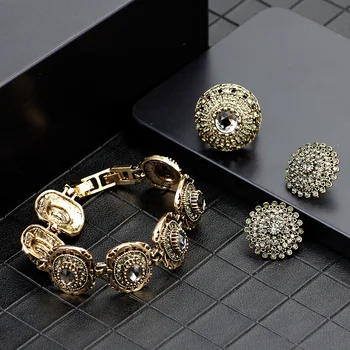 

SUNSPICEMS Retro Gold Gray Color Bracelet Earring Ring 3pcs Set Full Rhinestone Turkish Design Ethnic Party Jewelry Holiday Gift