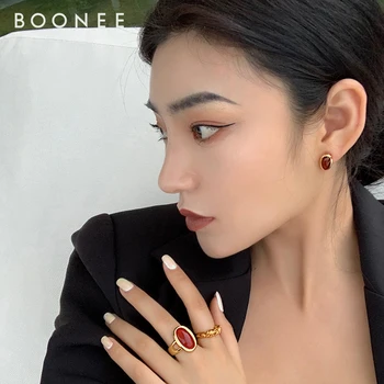 

Vintage red agate ring ring temperament earrings female tide