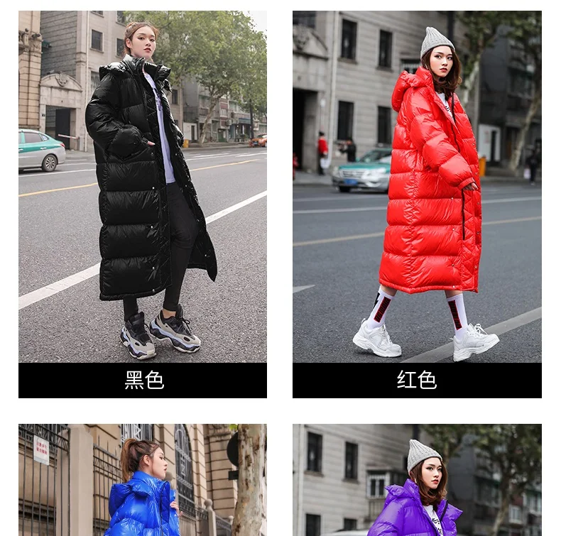 Длинная зимняя куртка, женская пуховая хлопковая парка, пальто, красный/черный/синий глянцевый пуховик, стеганое пальто, корейское зимнее теплое хлопковое пальто, верхняя одежда