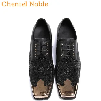 

Luxury Brand Chentel Metal Square Head Fashion Mens Dress Shoes Genuine Leather Lace-Up Loafters For Business Mens Shoes
