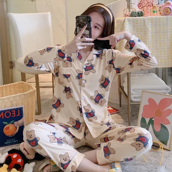

Women Pajamas Set Sexy Embroidery Warm Pyjama Long Sleeve Shirt Pants 2Piece/Set Loose Size Home Mom Sleepwear