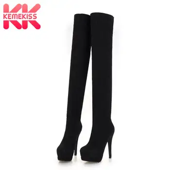 

KemeKiss Thigh High Boots Women Bling Cloth Casual Stretch Shoes Women Thin Heels Winter Warm Platform Footwear Size 32-43