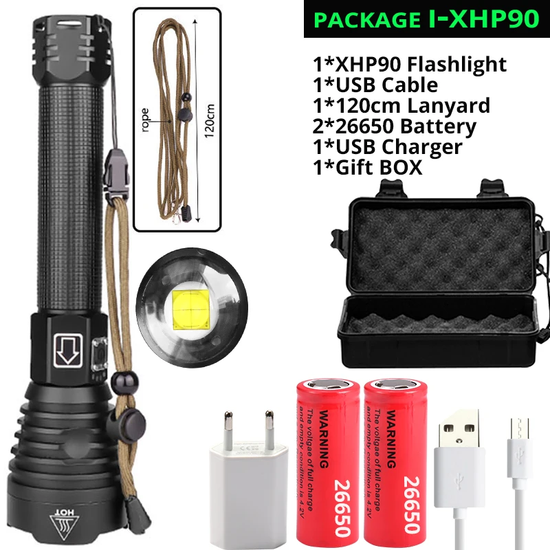 6500 люменов xhp90 xhp70.2 самый мощный светодиодный светильник-вспышка, Перезаряжаемый usb фонарь xhp50, ручная лампа 26650 18650, светильник-вспышка с батареей - Испускаемый цвет: Package I-XHP90