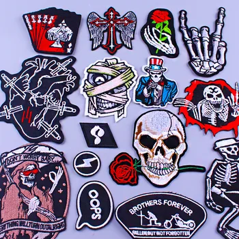 

Pulaqi Punk Rose Skull Death Embroidered Iron on Patches Heart Patch Ironing Sticker For Clothing Ornament Logo Biker Jacket DIY