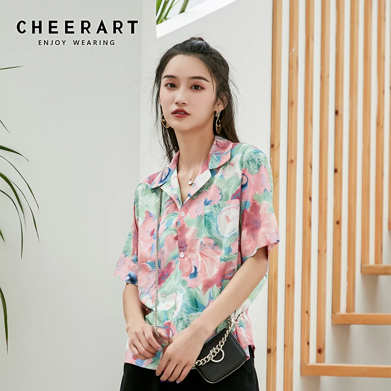 

Cheerart Floral Blouse Summer Short Sleeve Button Down Shirts Blouses Women Lapel Korean Casual Top Clothes
