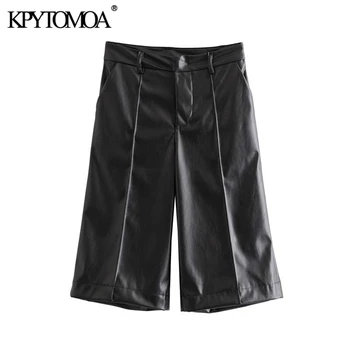 

Vintage Stylish Faux Leather Knee Length Pants Women 2020 Fashion High Waist Side Pockets Female PU Trousers Pantalones Mujer